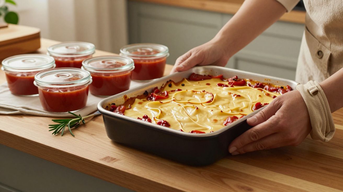 Pessoa a segurar travessa de lasanha caseira em cima de uma mesa, com frascos de molho de tomate ao lado.
