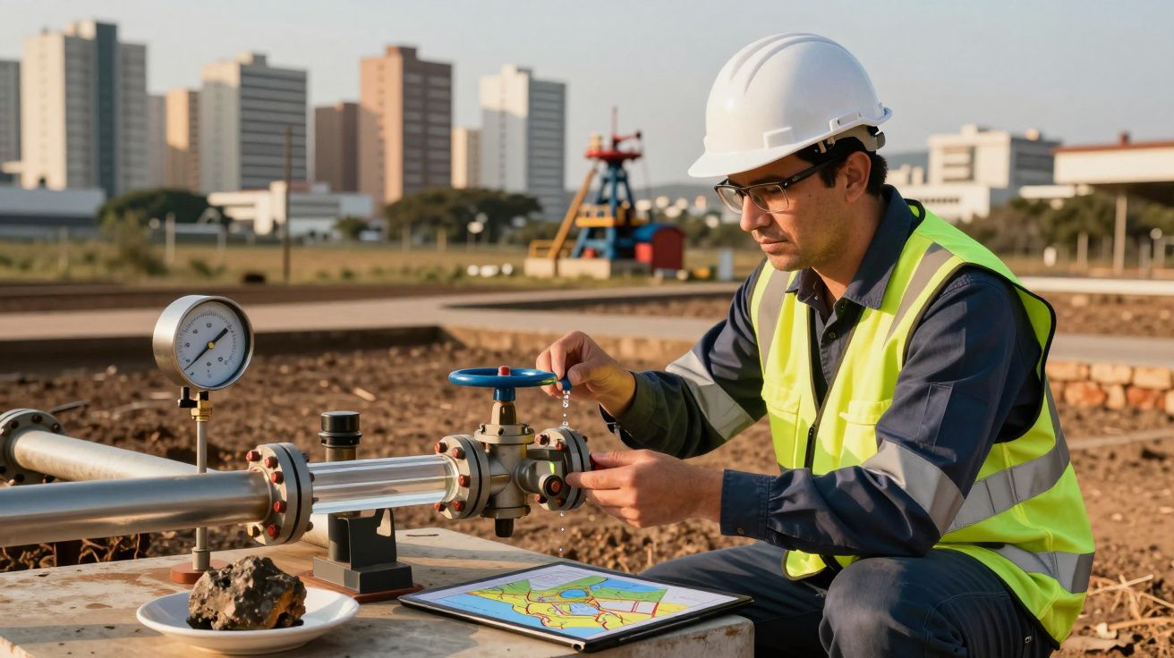 Engenheiro com capacete branco ajusta válvula em obra, com prédios ao fundo.