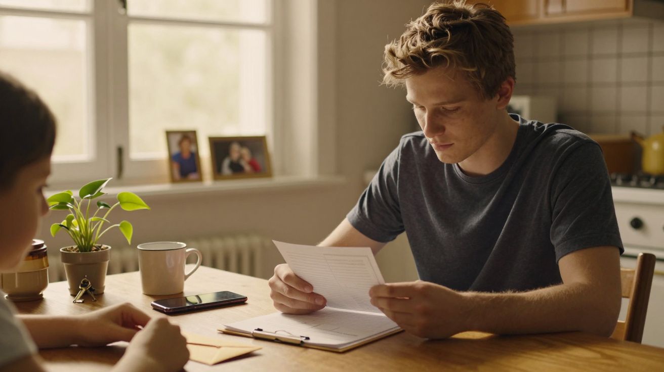 Homem sentado à mesa, a ler um documento, com chávena, planta e fotos ao fundo, numa cozinha iluminada.