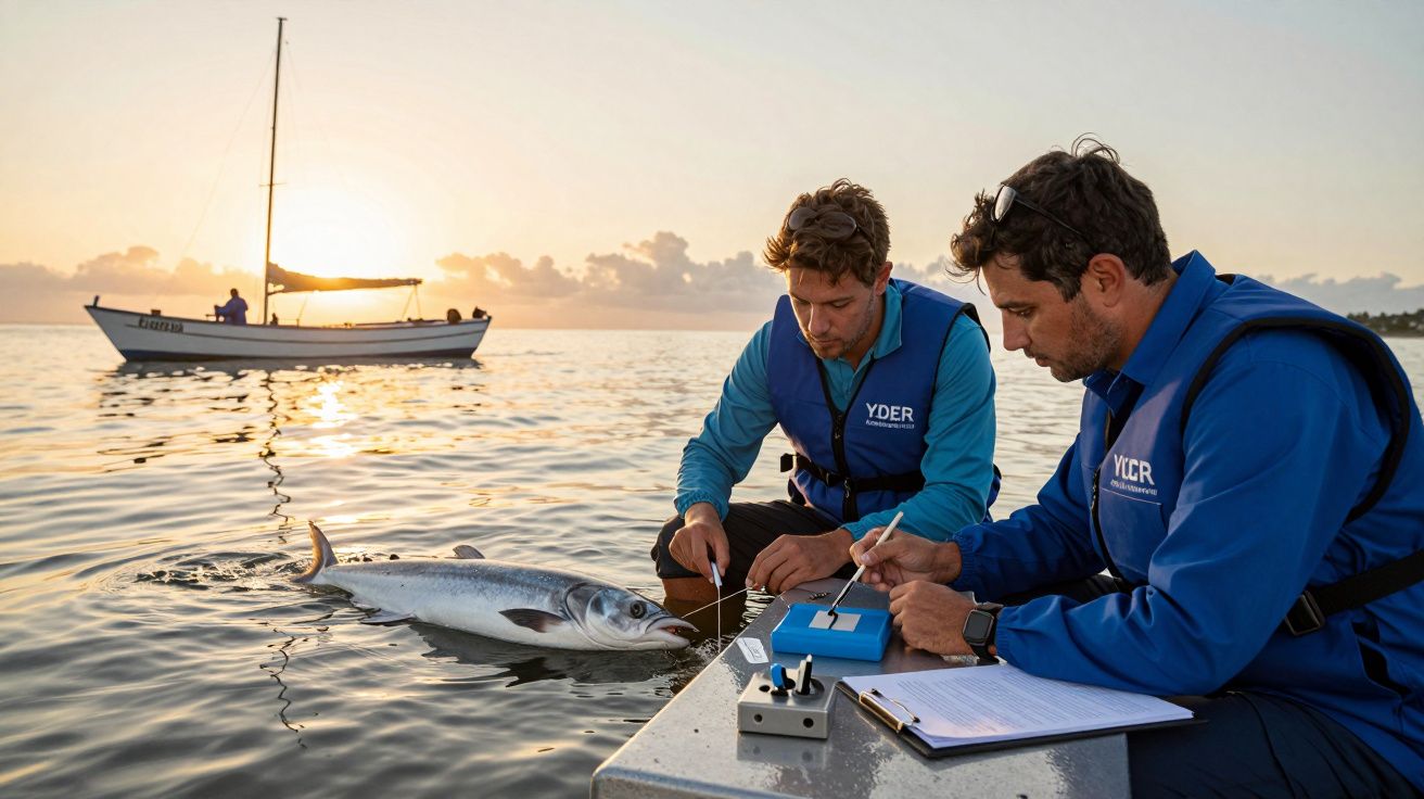 Cientistas etiquetam um peixe numa plataforma flutuante ao pôr do sol com um barco à vela ao fundo.