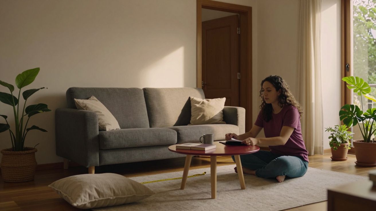 Mulher sentada no chão de uma sala, com sofá cinza, mesa de centro, plantas e almofadas.