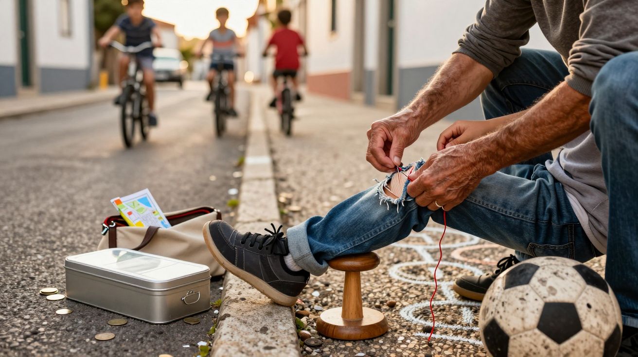 Homem remenda calças na rua ao lado de brinquedos e moedas; crianças andam de bicicleta ao fundo.