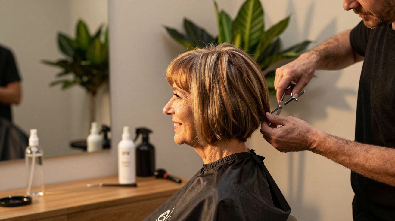 Mulher de cabelo curto a sorrir enquanto cabeleireiro corta seu cabelo em um salão, com plantas ao fundo.