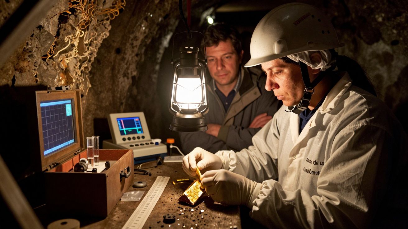 Cientista analisa amostra sob luz de lanterna em túnel de mina, enquanto colega observa. Equipamento científico ao lado.