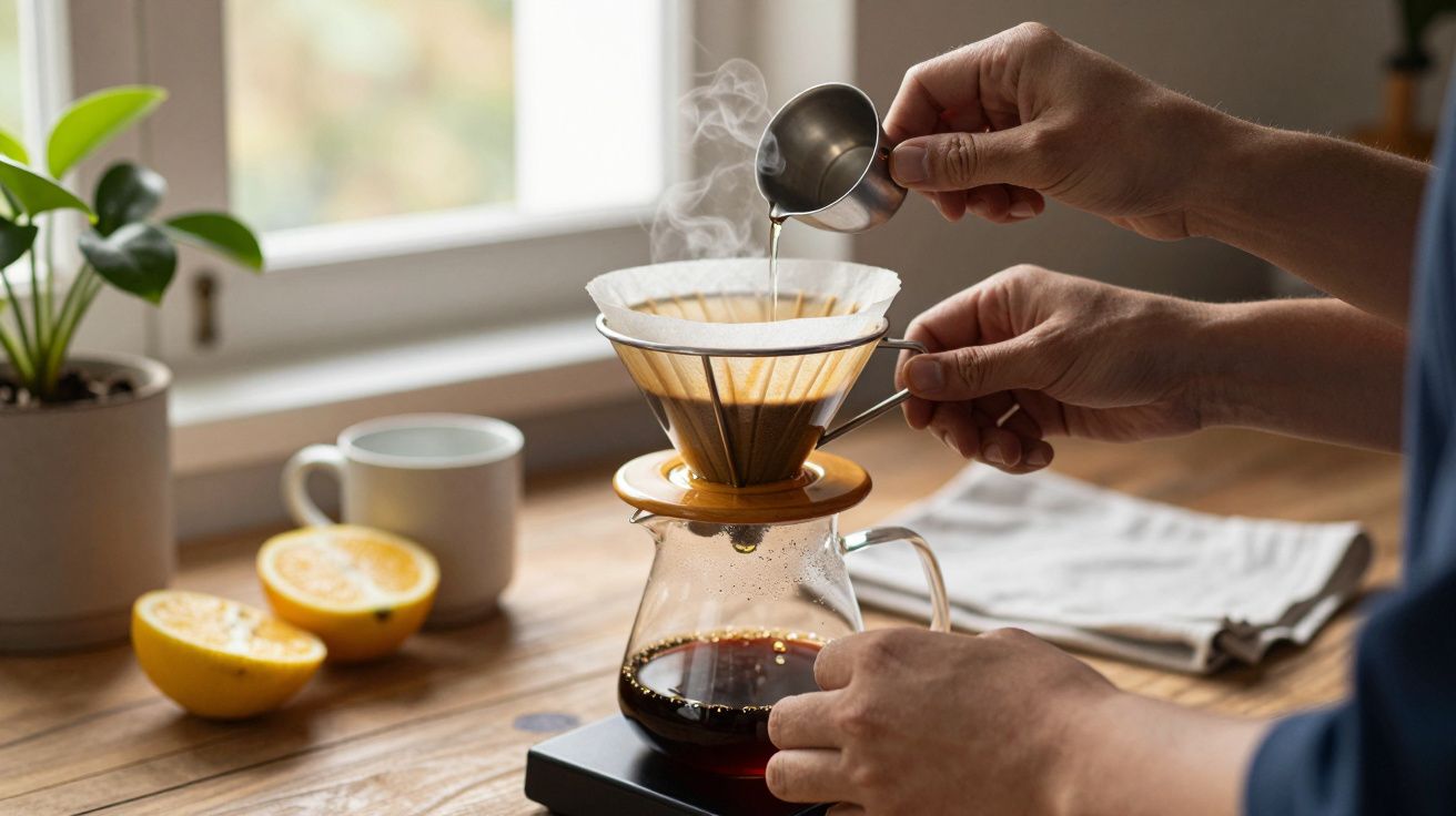 Pessoa a preparar café com um filtro de papel sobre um jarro em cima de uma balança, numa cozinha iluminada.