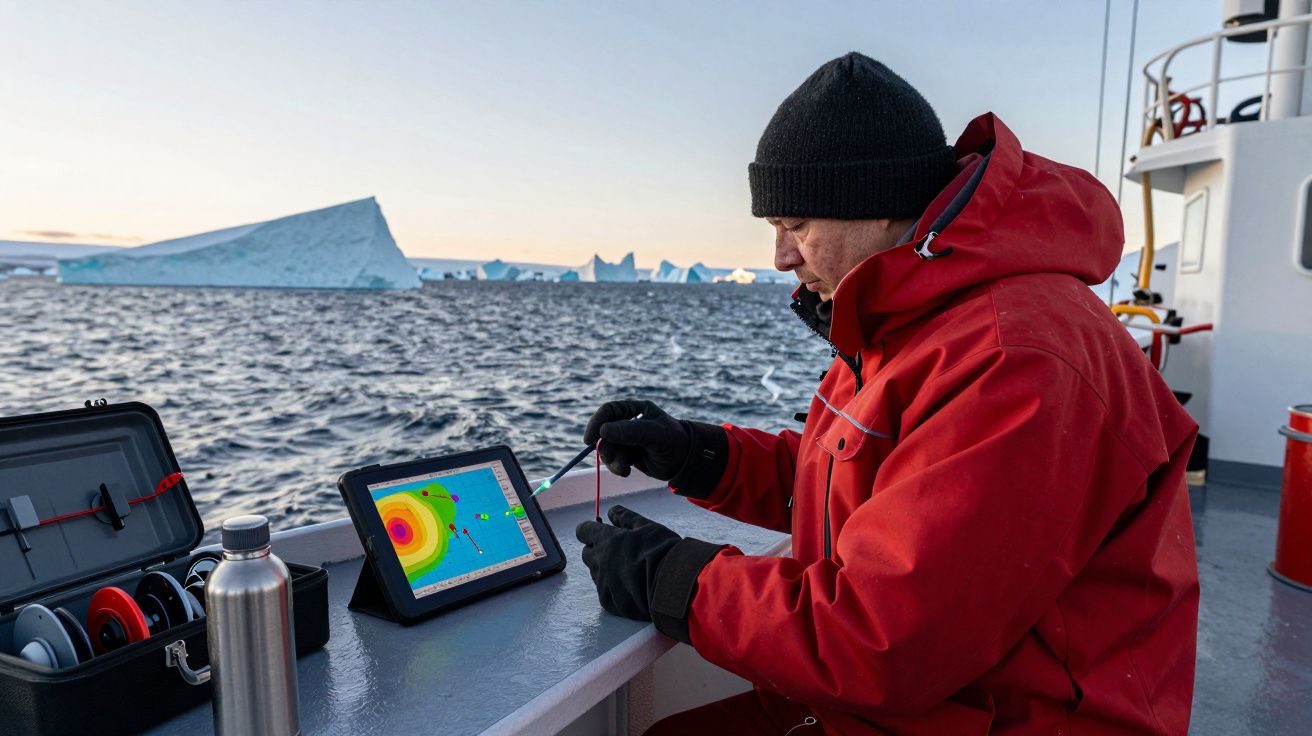 Homem de casaco vermelho analisa dados num tablet num barco no mar, com icebergs ao fundo.