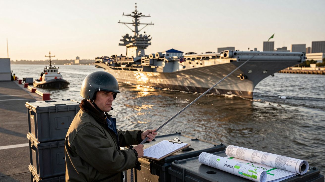 Homem com capacete monitora porta-aviões em doca, com planos arquitetónicos na mesa e rebocador ao fundo.