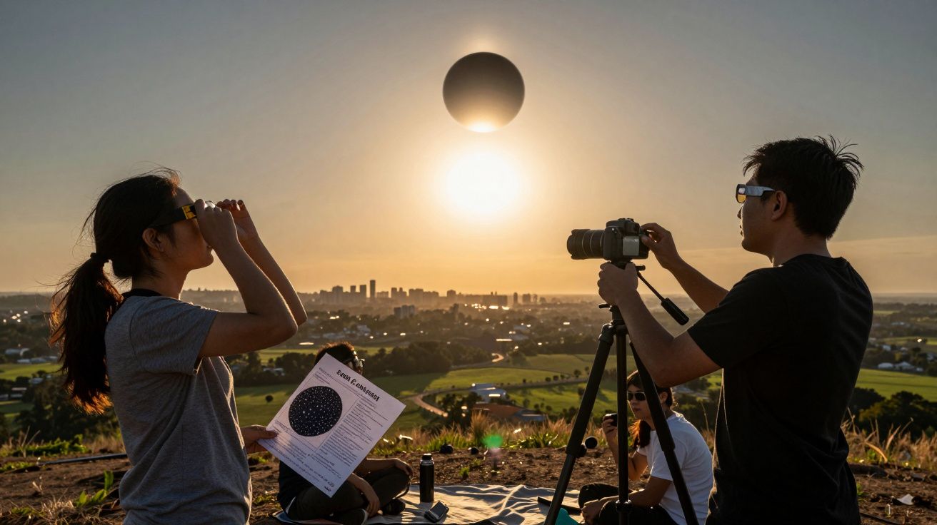 Pessoas assistem e fotografam um eclipse solar ao entardecer, usando óculos de proteção e câmara num tripé.
