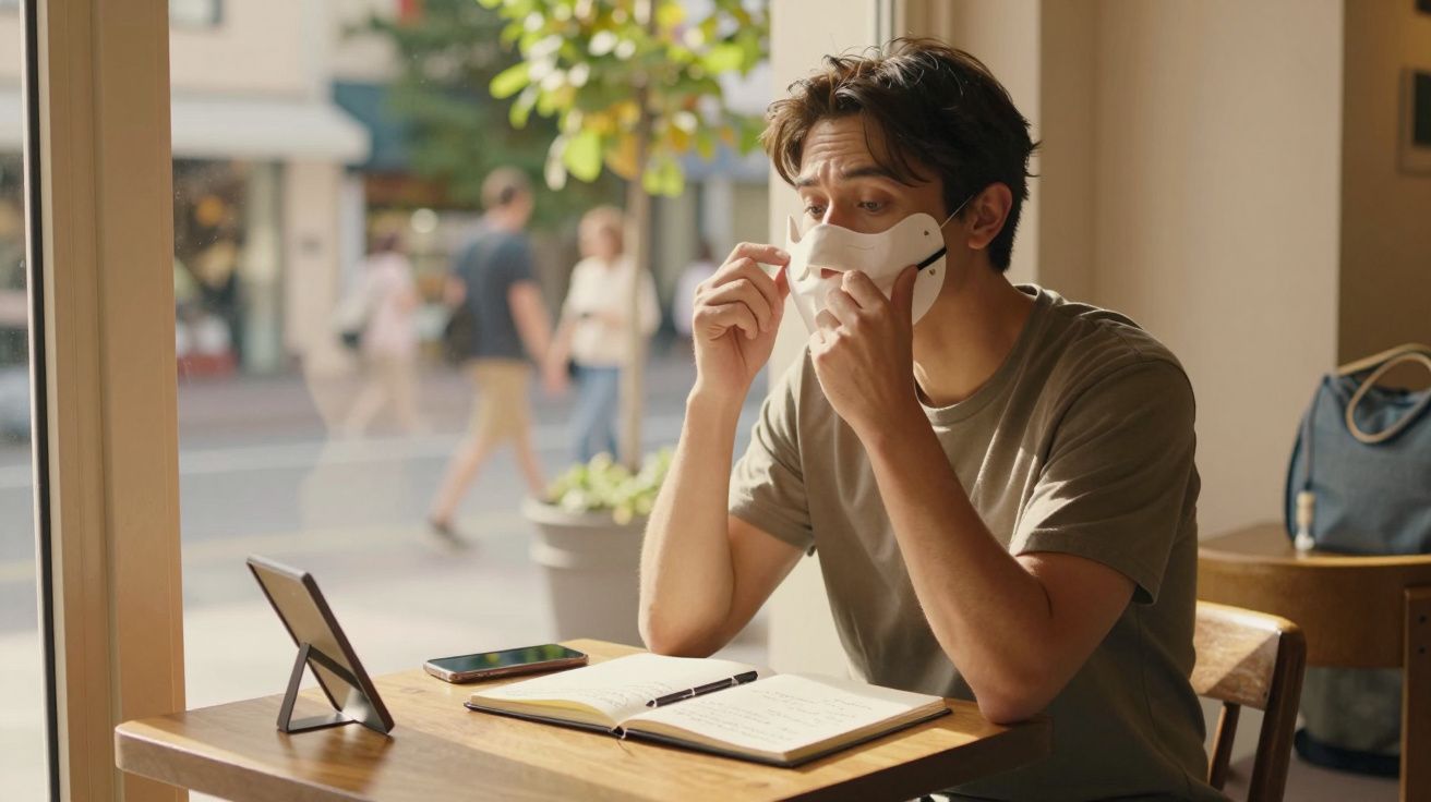 Homem em café ajusta máscara, com agenda e smartphone sobre a mesa, e janela ao fundo mostrando rua movimentada.