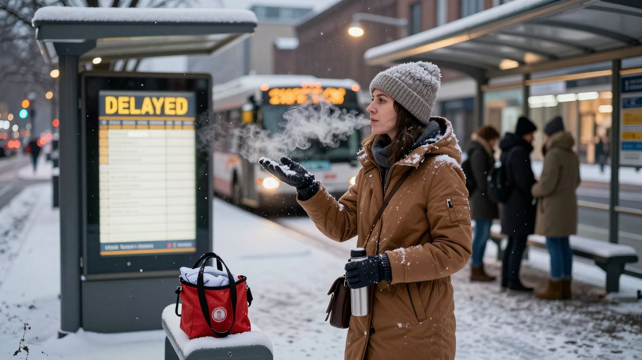 Mulher agasalhada, em paragem de autocarro coberta de neve, a olhar para painel de atrasos. Pessoas ao fundo.