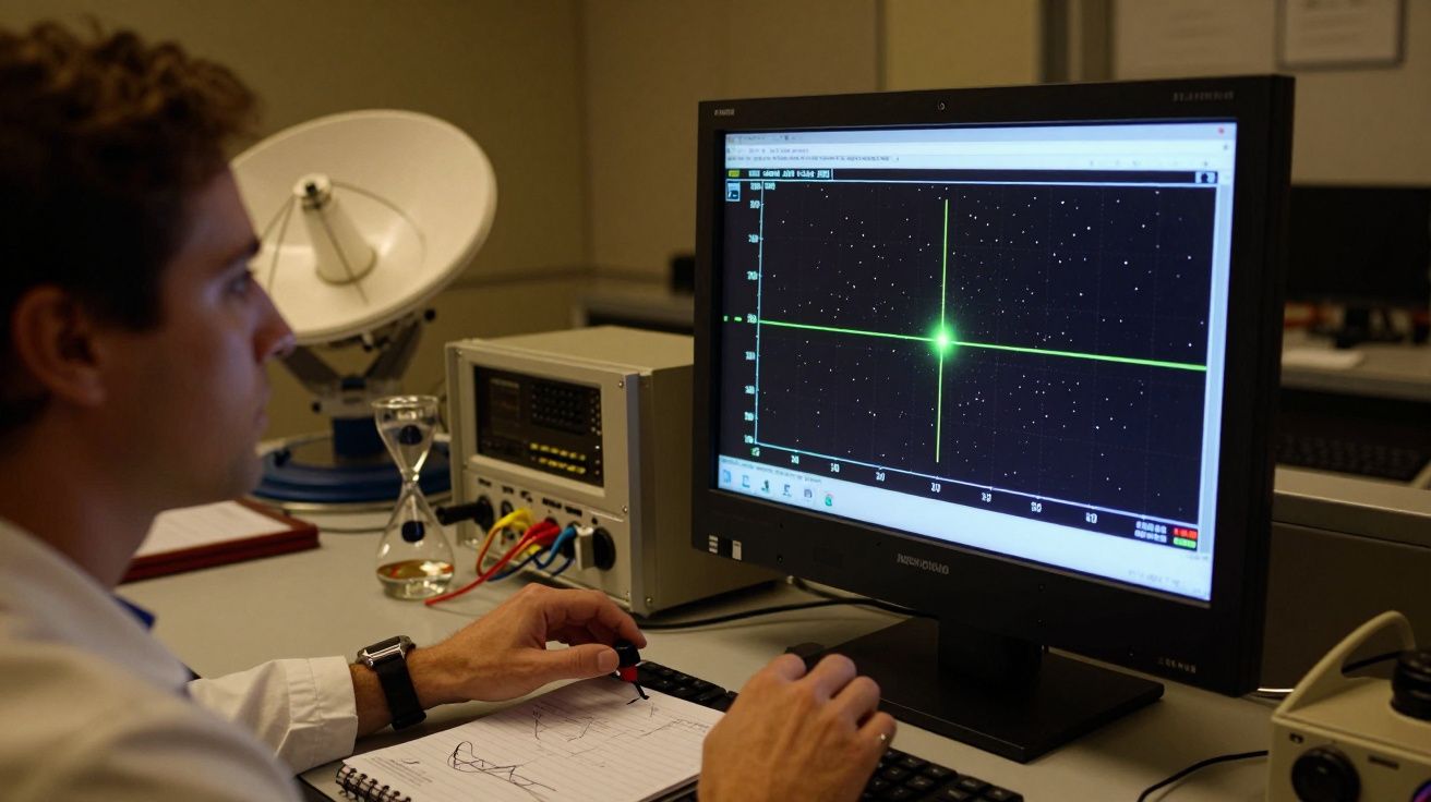 Homem em laboratório observa gráfico de estrela em monitor, rodeado por equipamentos eletrónicos.