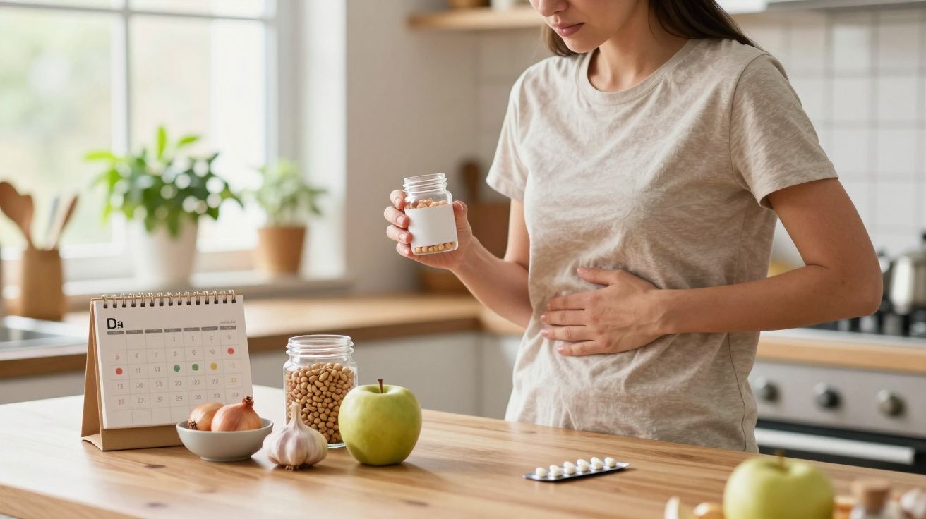 Mulher segurando frasco de comprimidos, mão na barriga, calendário e alimentos no balcão da cozinha.