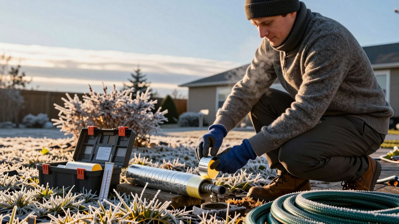 Homem trabalha ao ar livre com equipamento de jardinagem num jardim coberto de geada; caixa de ferramentas ao lado.