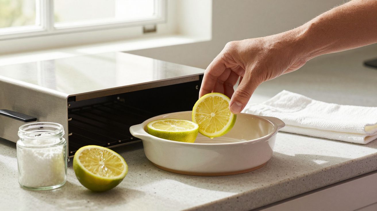 Mão coloca fatia de limão numa tigela, ao lado de um forno e um pote de sal numa bancada.