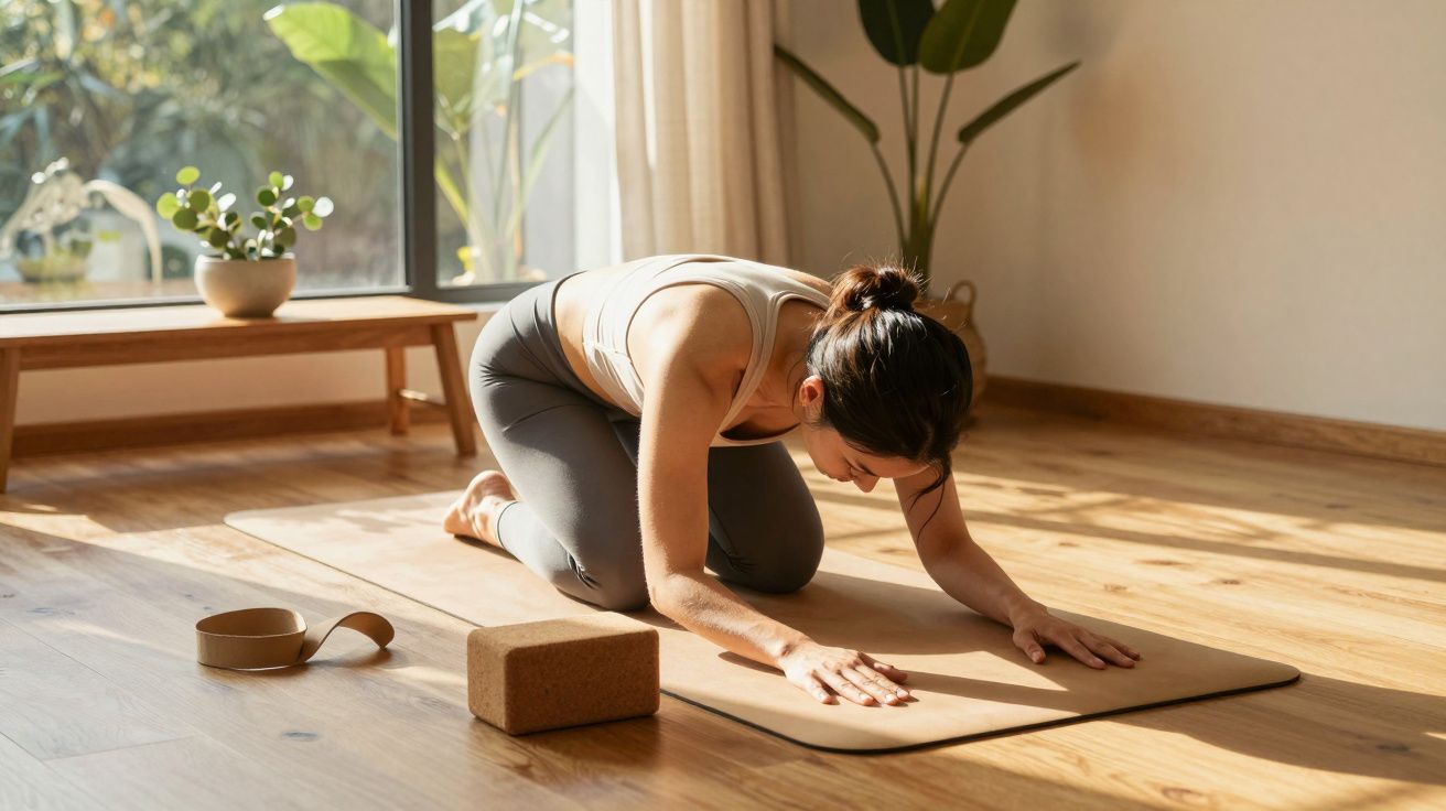 Mulher a fazer yoga em casa numa posição ajoelhada sobre tapete, com blocos de yoga e faixa ao lado.