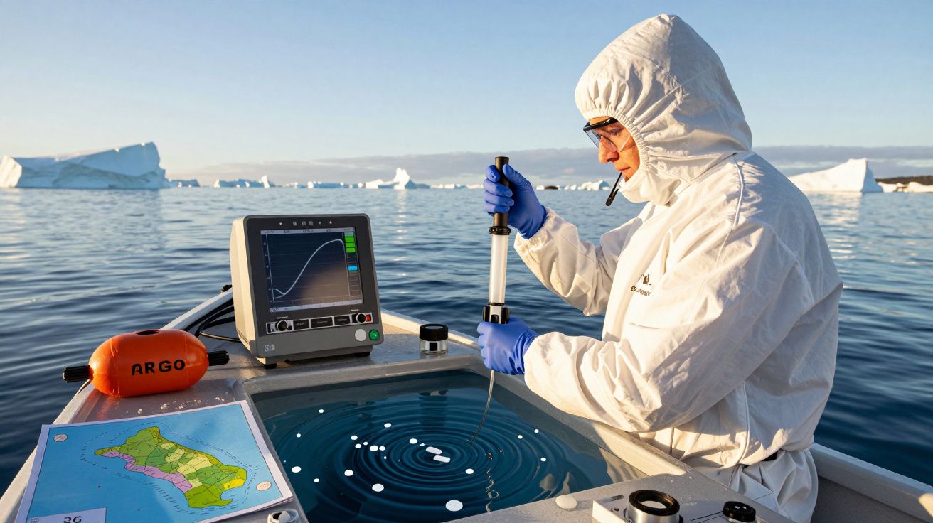 Cientista em barco analisa água gelada com pipeta, rodeado por icebergs, usando equipamento de monitorização.