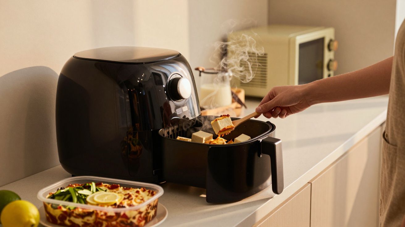 Pessoa a cozinhar numa fritadeira sem óleo preta, com vapor visível. recipiente com alimentos ao lado.