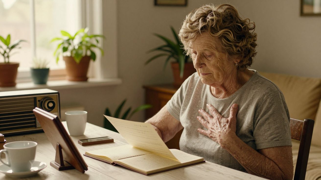Idosa sentada à mesa lendo uma carta, com plantas ao fundo e chávenas sobre a mesa.