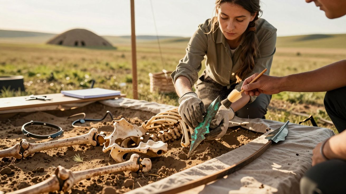 Arqueólogos examinam esqueleto em escavação ao ar livre, com ferramentas e caderno ao redor, num campo vasto.