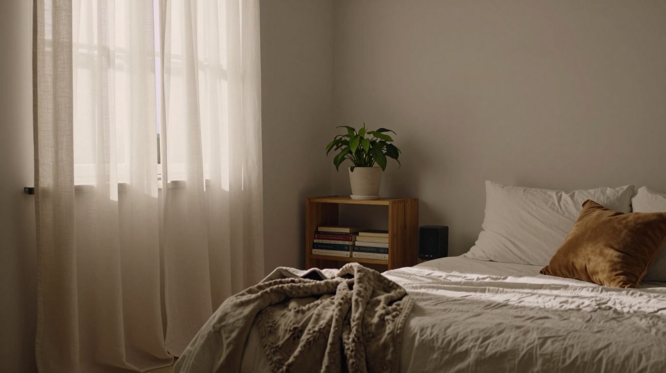 Quarto iluminado com cortinas brancas, cama com almofada castanha e manta, planta em cima de mesa de cabeceira com livros.