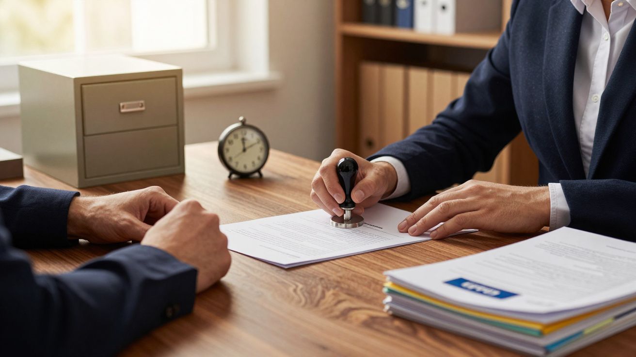 Pessoa a carimbar documento numa secretária de escritório com relógio e arquivo ao fundo.