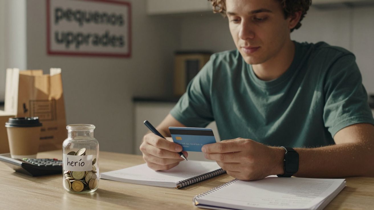 Rapaz sentado à mesa, segurando cartão, com jarro de moedas e caderno à frente, café e calculadora ao lado.