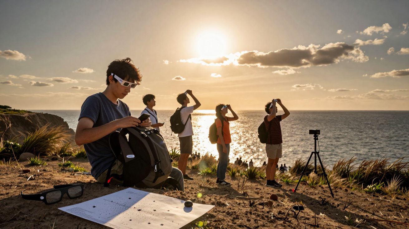 Pessoas observam o sol poente à beira de um penhasco. Uma pessoa sentada analisa documentos. Câmara num tripé.
