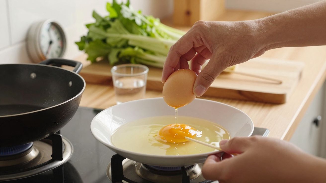 Mão a partir um ovo numa frigideira sobre o fogão, com vegetais e água ao fundo.