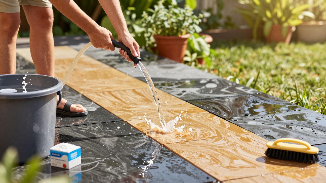 Pessoa a lavar chão de azulejos com mangueira, balde e escova no jardim.