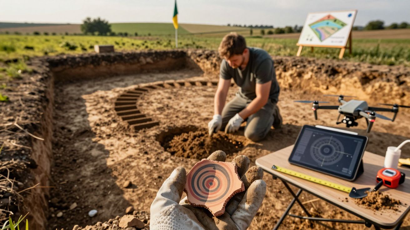 Pessoa analisa artefacto antigo em escavação ao ar livre, tablet e drone na mesa ao lado.