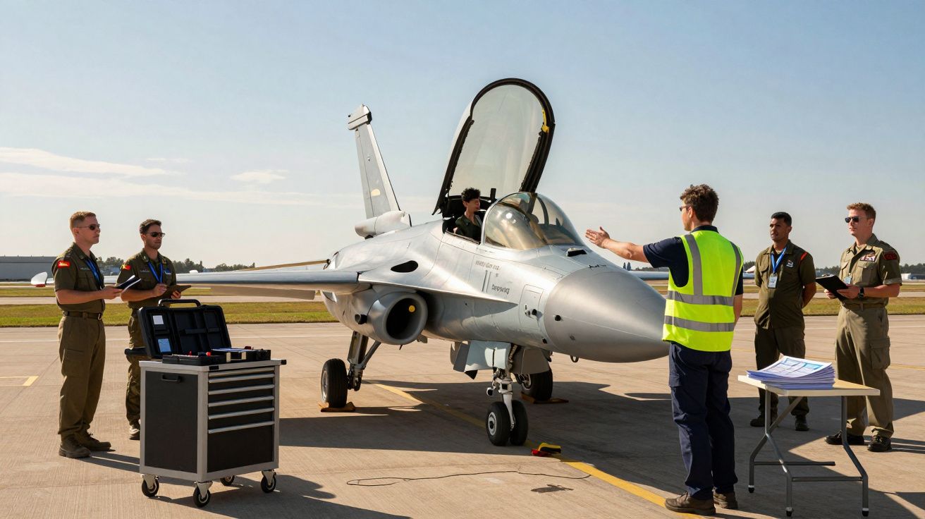 Seis pessoas em pé junto a um caça no aeródromo, com mesa e ferramentas ao lado.