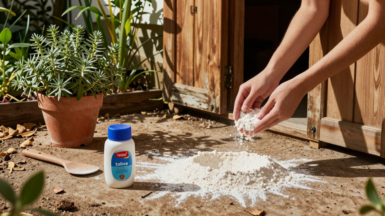 Pessoas espalhando pó branco no jardim ao lado de pote de talco e planta em vaso.