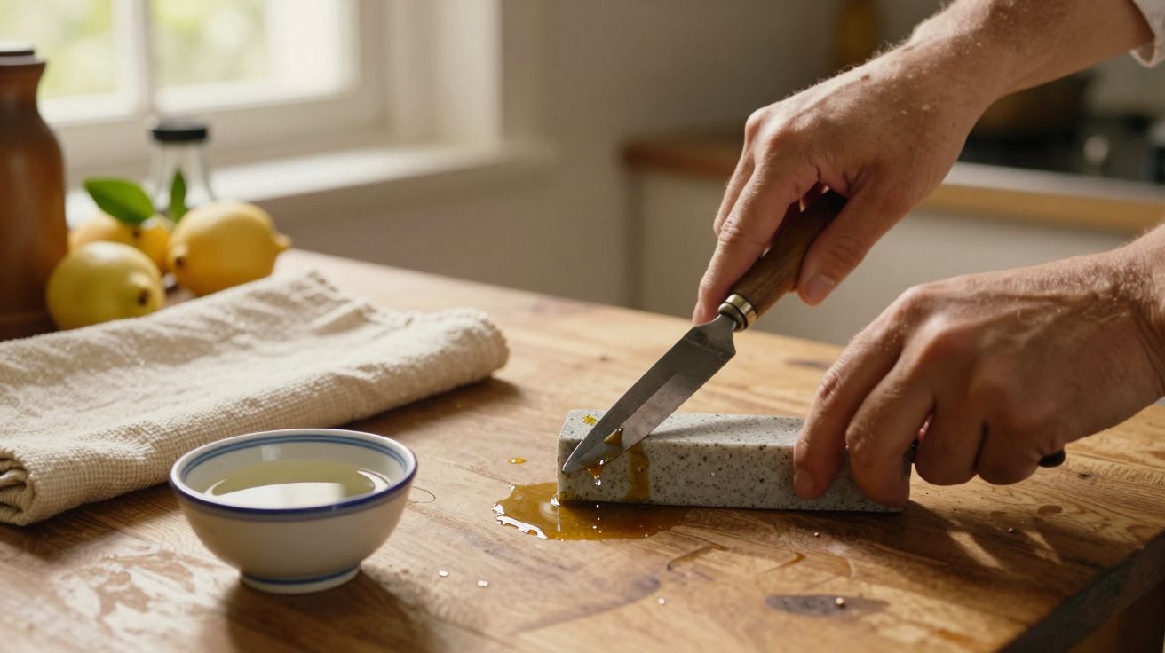 Mãos afiando faca em pedra de amolar com óleo sobre bancada de madeira, limões e tigela ao fundo.