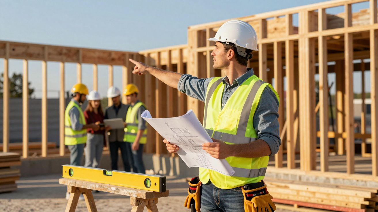 Engenheiro em obra de construção segura plantas, aponta direção; ao fundo, equipe discute projeto.