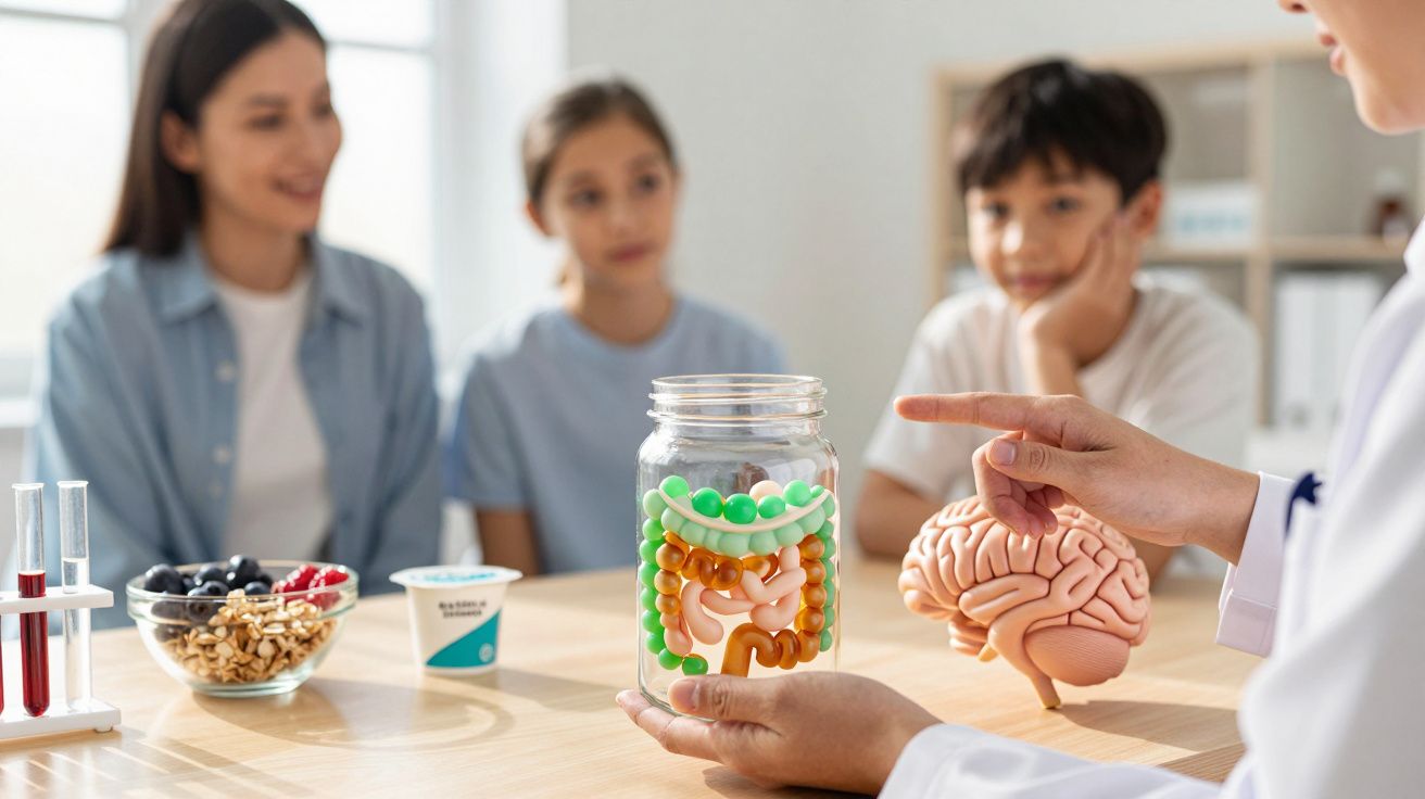 Pessoa mostra intestino artificial em jarro a crianças numa sala, com cérebro modelo na mão, focando saúde digestiva.