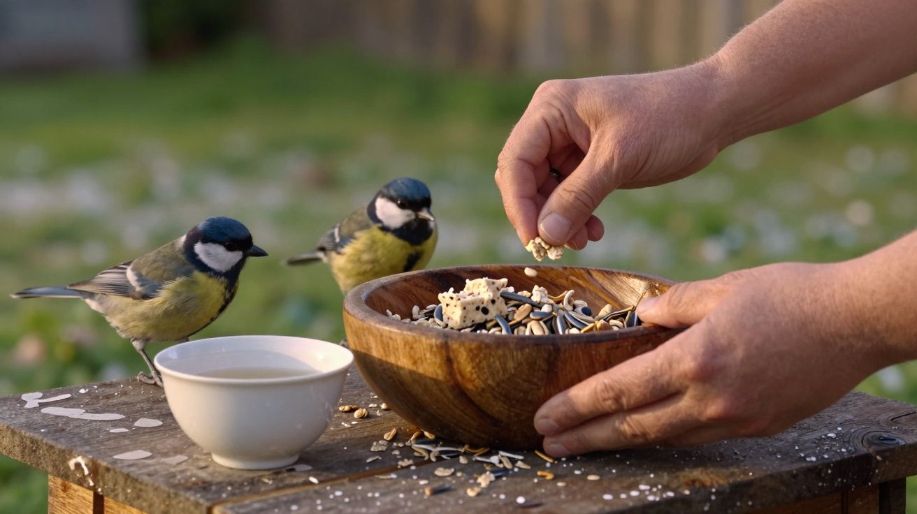 Duas aves em mesa de madeira ao lado de uma taça com sementes, enquanto uma mão adiciona mais comida na tigela.