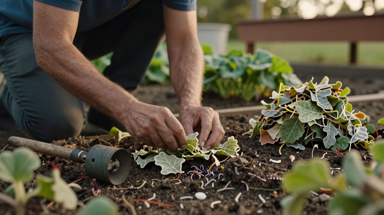 Pessoa a plantar folhas num jardim, com ferramentas ao lado, num ambiente ao ar livre.