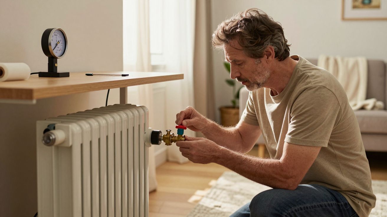 Homem ajusta válvula de um radiador numa sala iluminada, com um medidor em cima da mesa.