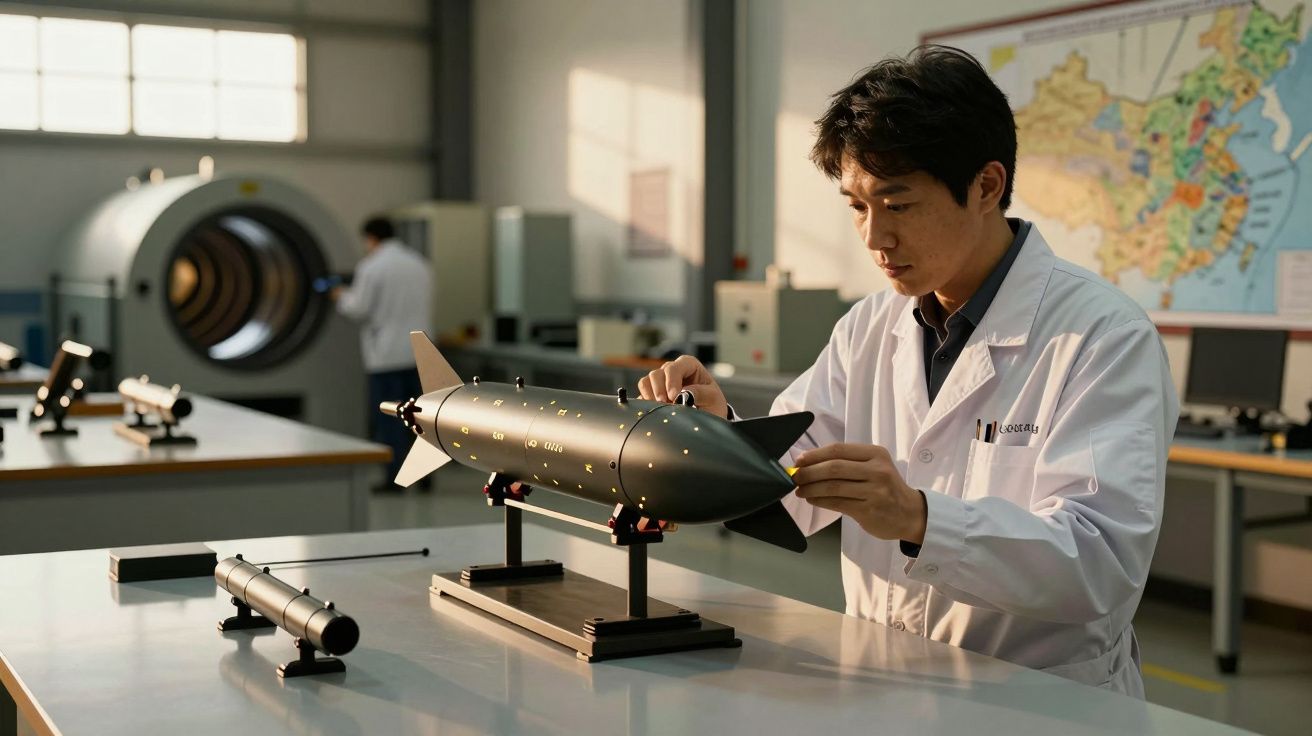 Cientista em laboratório inspeciona modelo de míssil em mesa, ao fundo colega ajusta equipamento grande.