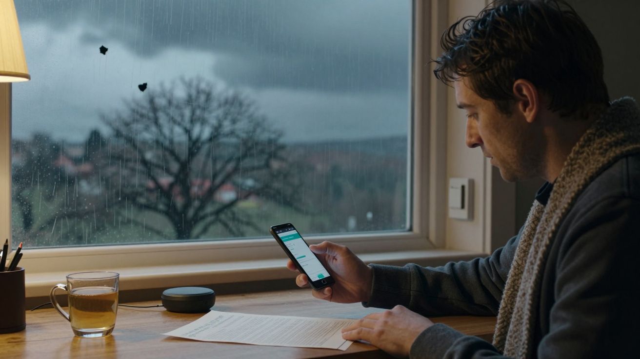Homem em casa, sentado à mesa, lê papel e verifica telemóvel. Chuva e árvore visíveis através da janela.