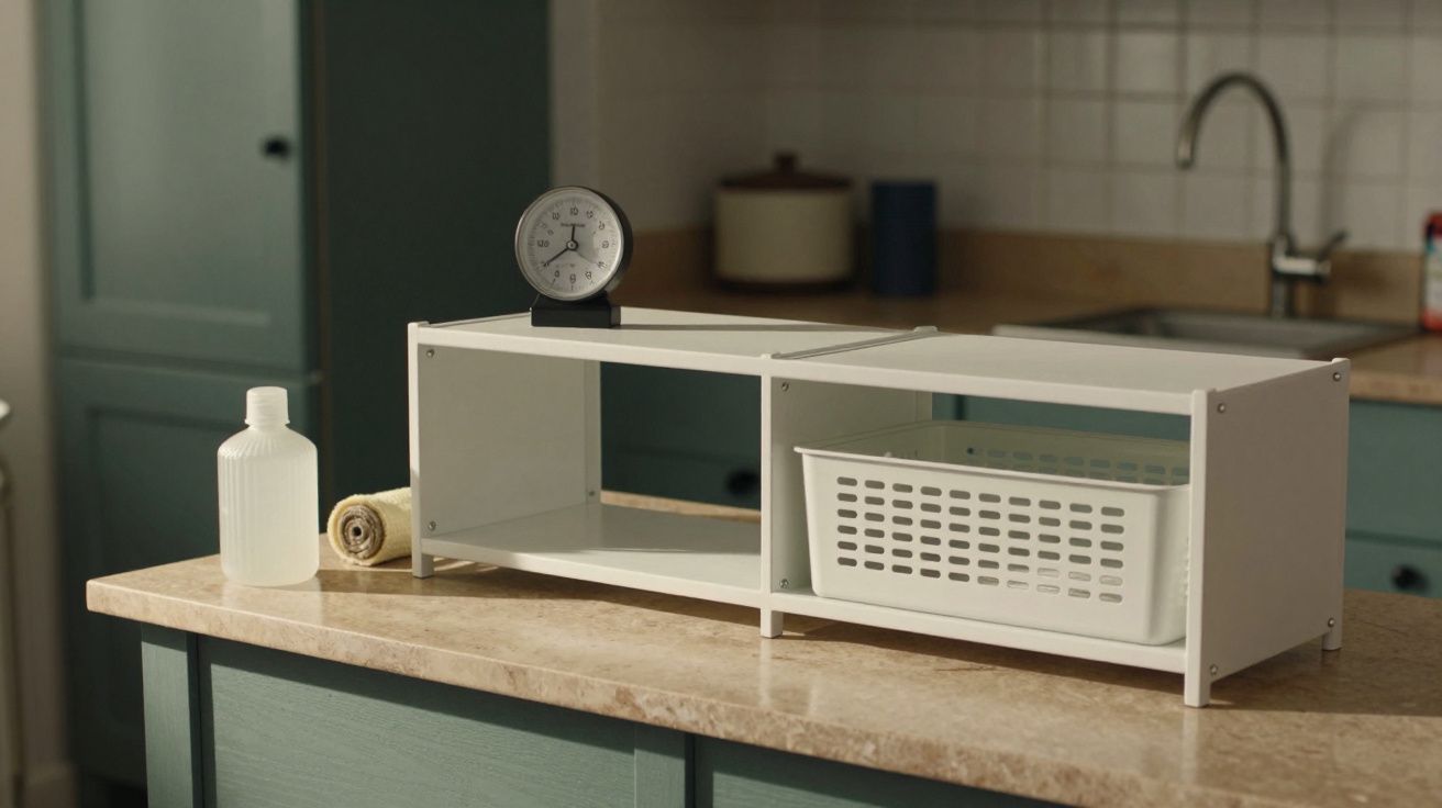 Relógio preto e prateleira branca com cesto e garrafa em bancada de cozinha com armários verdes e lava-loiça.