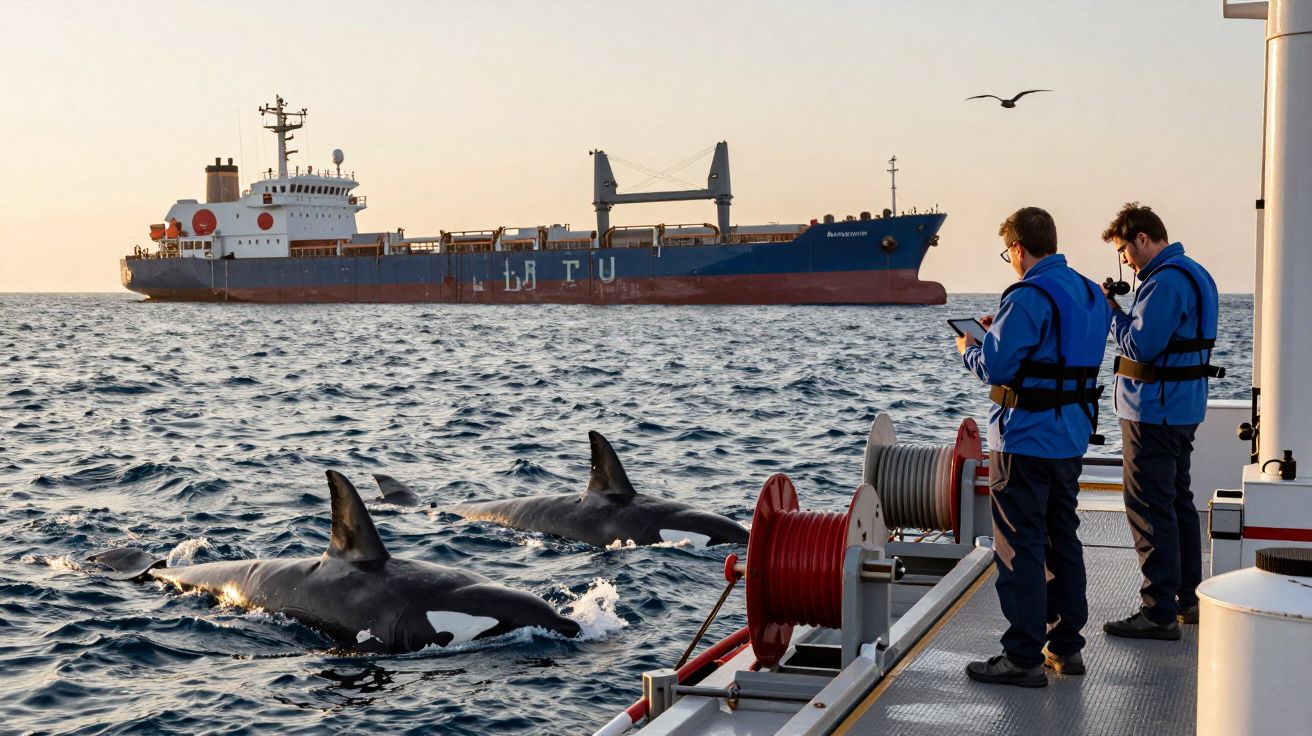 Orcas a nadar próximo de um navio cargueiro, sob observação de duas pessoas num barco em primeiro plano.