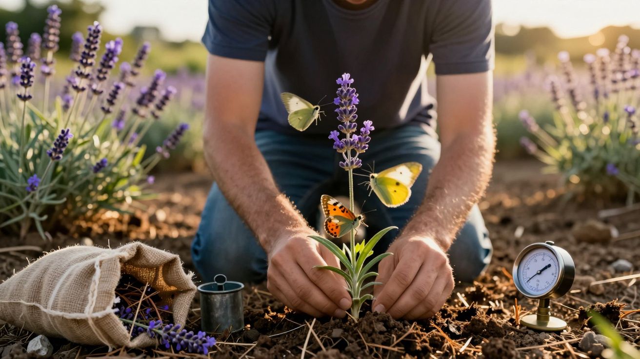 Pessoa planta lavanda num campo, rodeada de borboletas, com um relógio e um saco de alfazema ao lado.