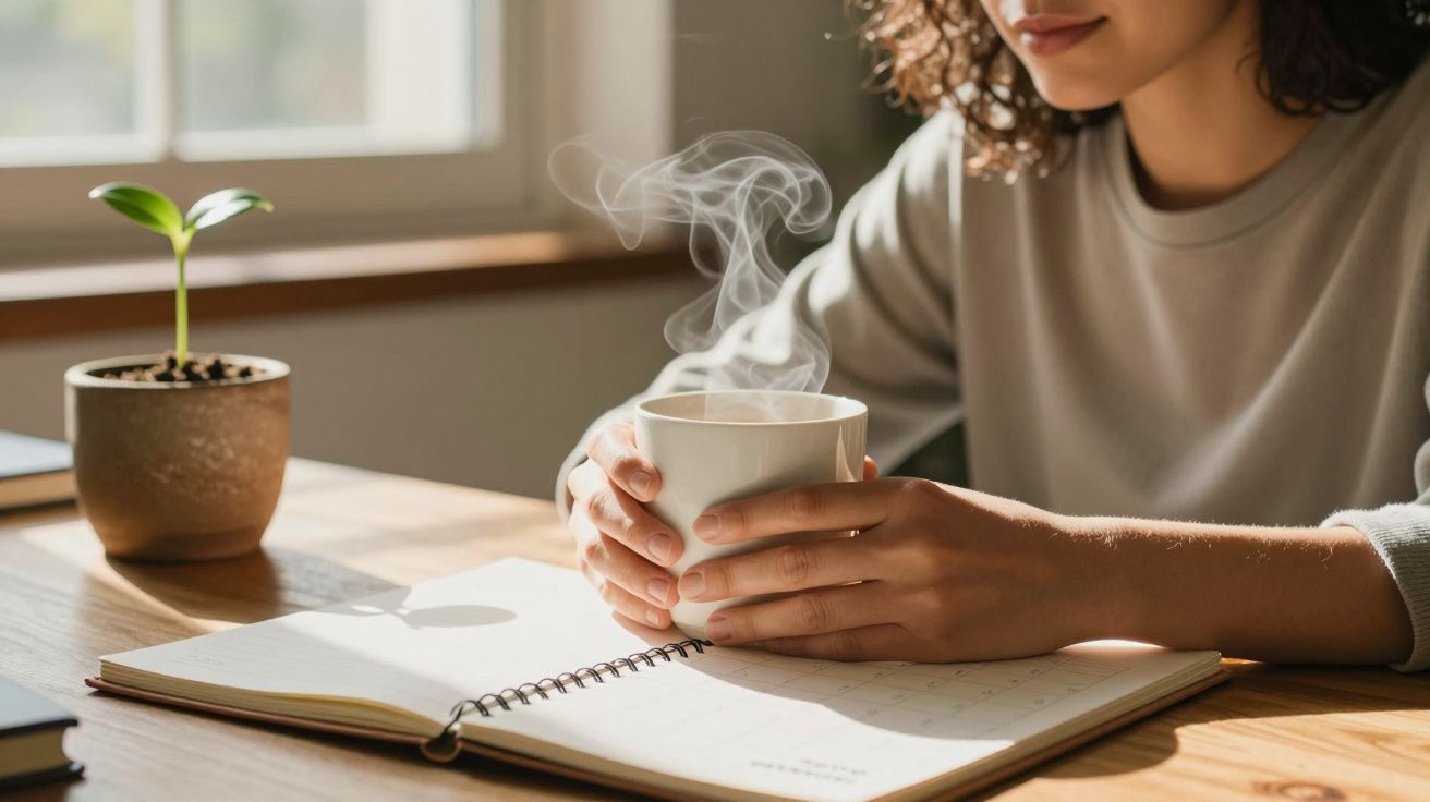 Mulher segura chá fumegante junto a caderno aberto; planta no parapeito ao lado.