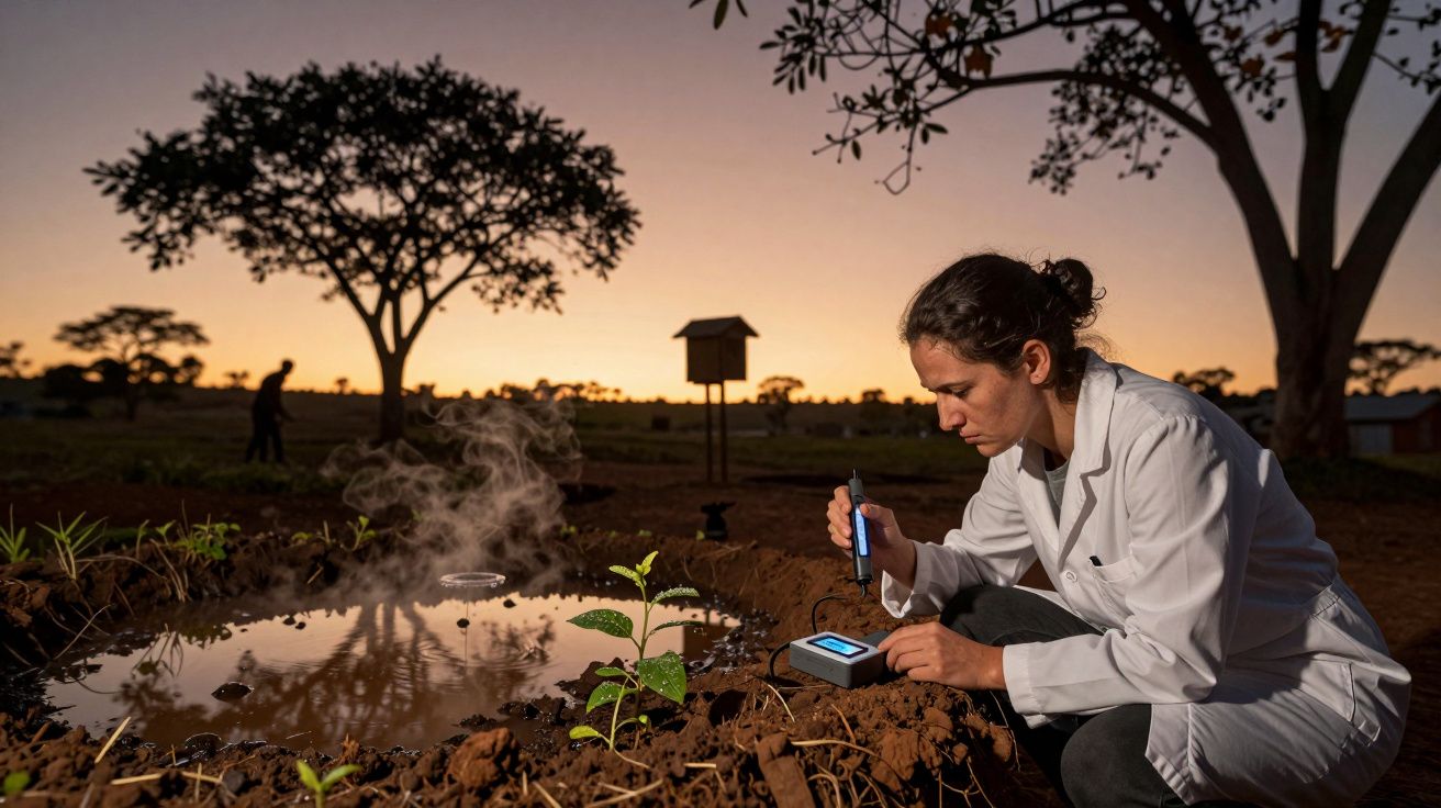Cientista em campo ao nascer do sol, medindo água em poça com dispositivo eletrônico, rodeado por árvores.
