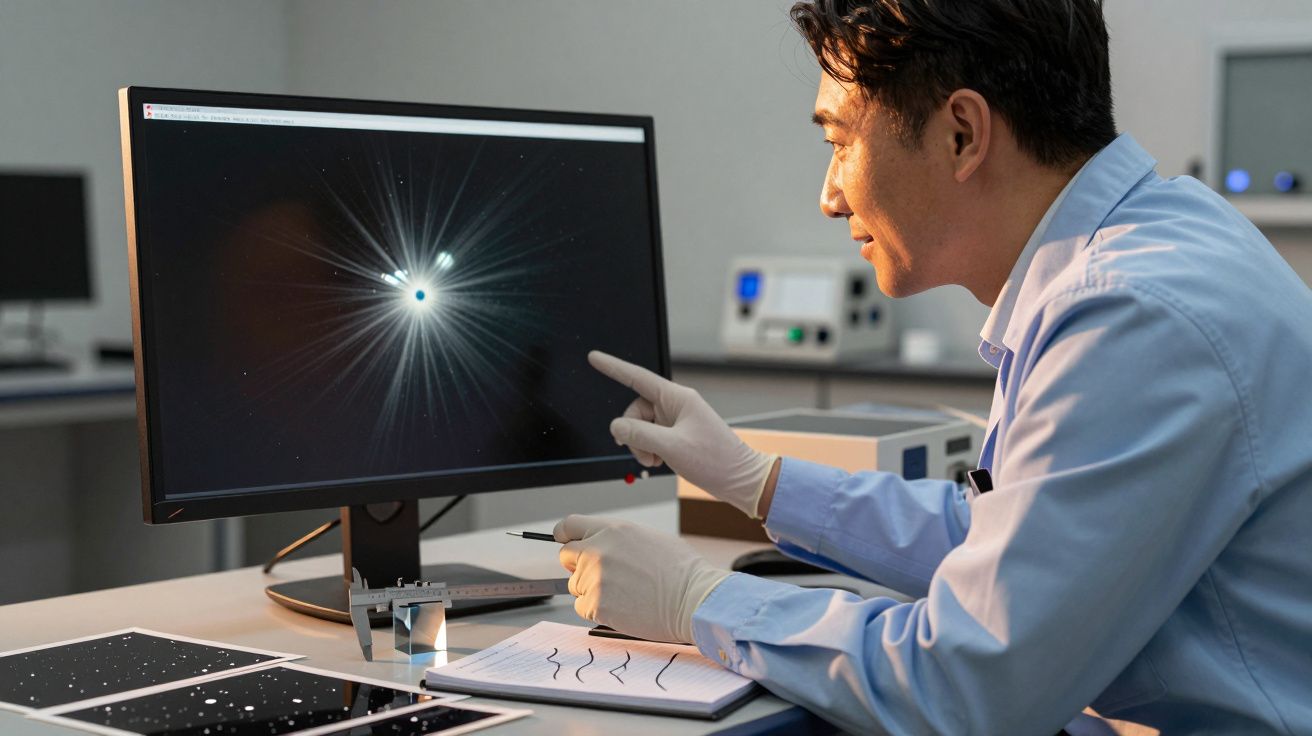 Cientista analisa imagem de um astro no ecrã do computador em laboratório, apontando com uma caneta.