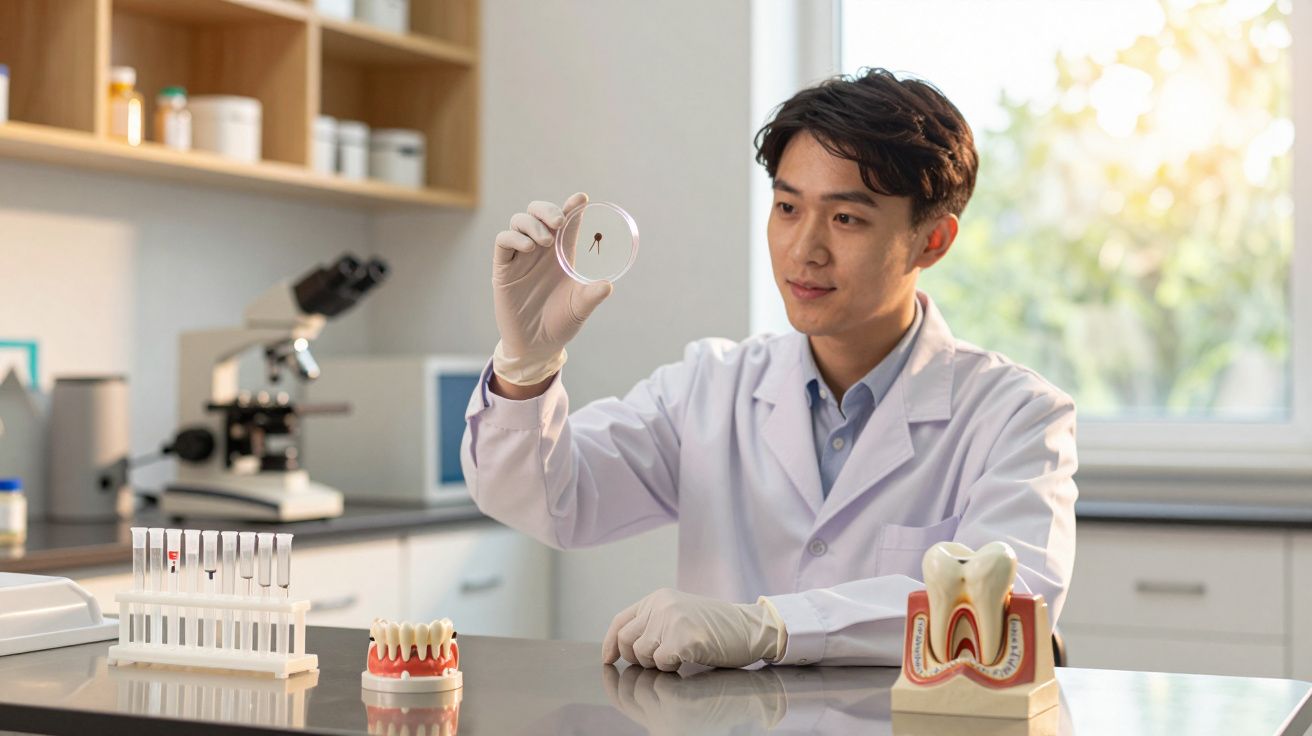 Pessoa em laboratório dentário, analisando amostra dentária com modelos de dentes ao redor.