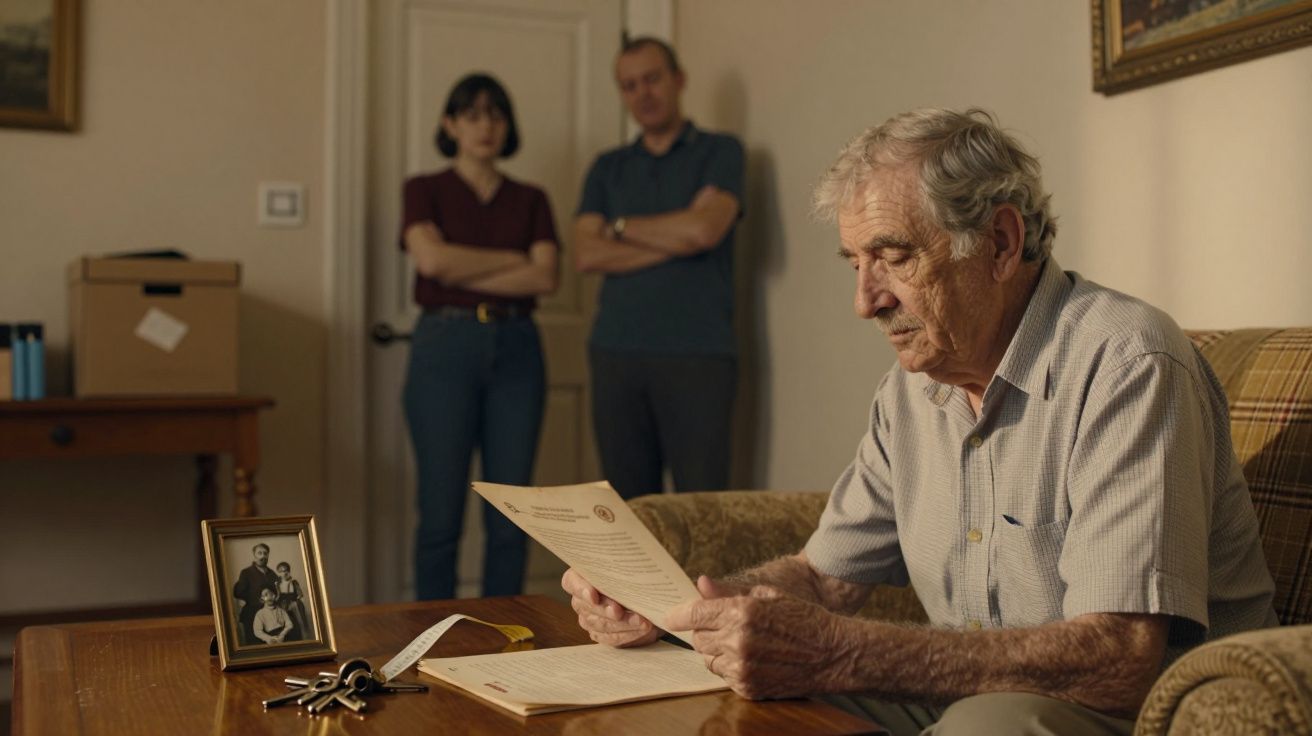 Idoso sentado no sofá lê documento; uma mulher e um homem estão de pé ao fundo.