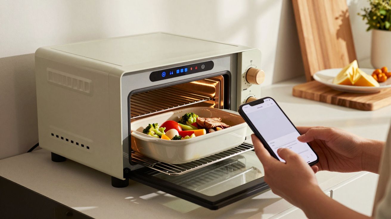 Pessoa usando smartphone para controlar forno com legumes e carne num tabuleiro na cozinha.