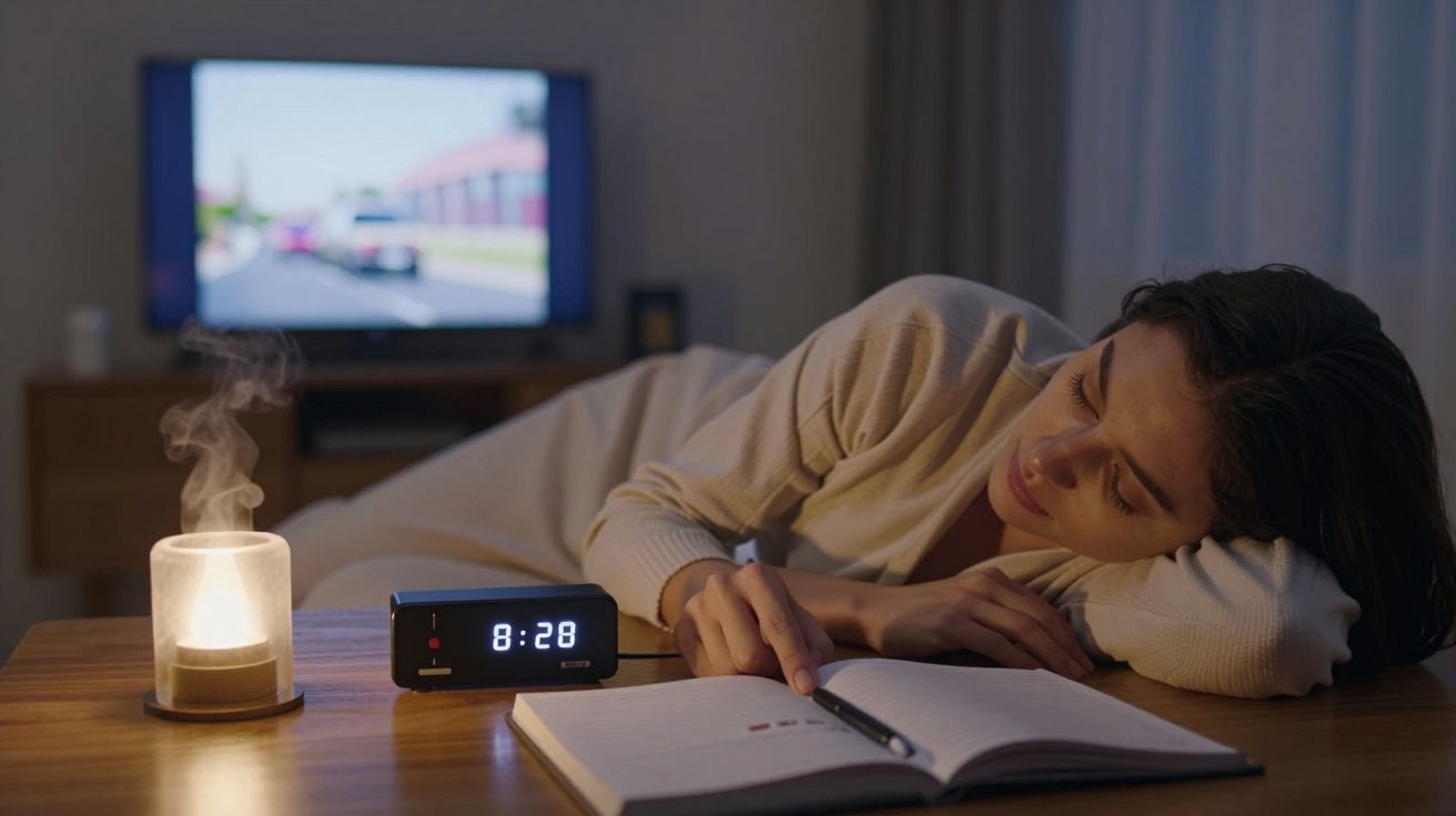 Mulher deitada no sofá a escrever num caderno, com um relógio e uma vela acesa sobre a mesa. Televisão ao fundo.